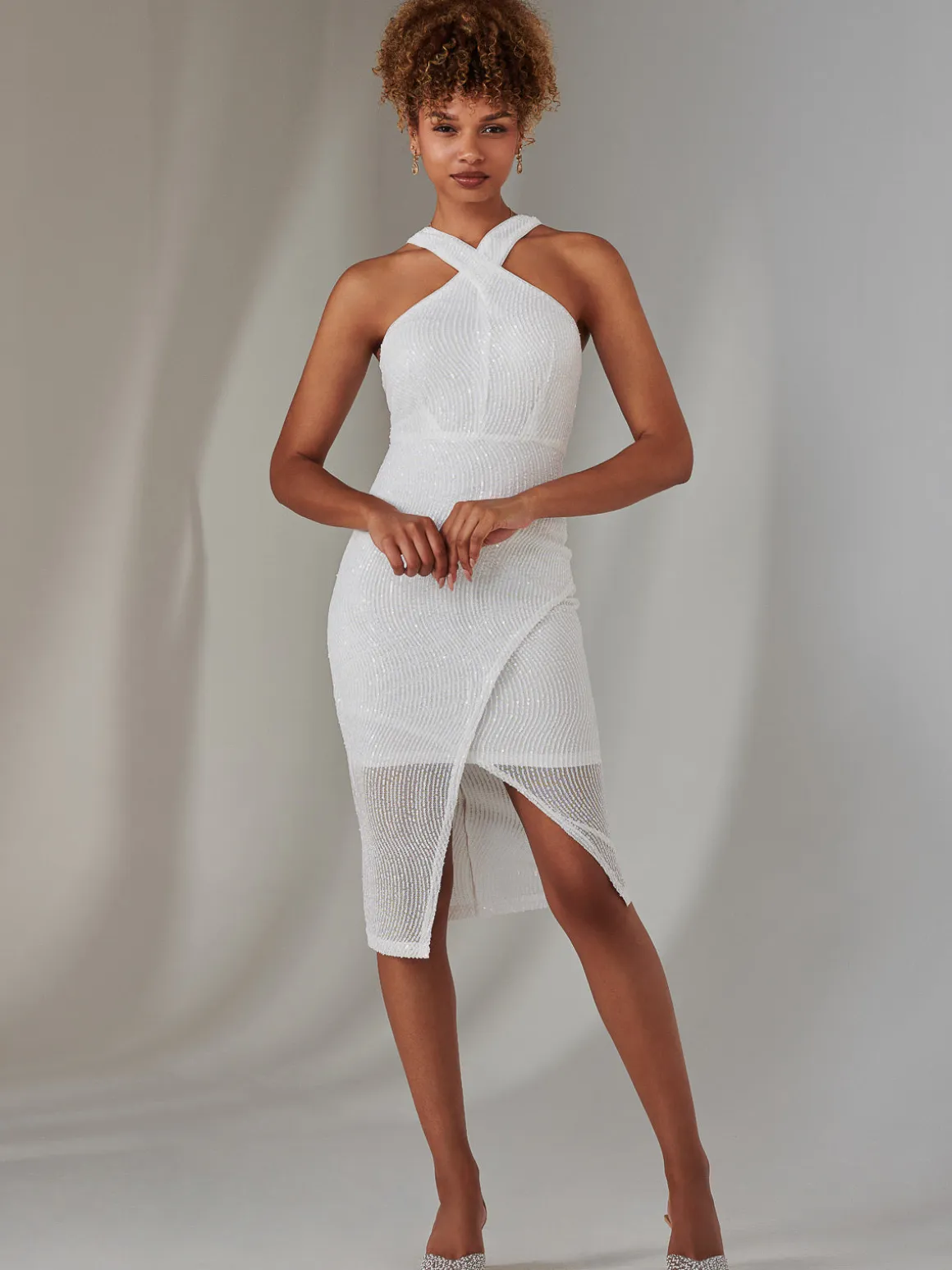 Cross Neck Slit Bodycon Dress, White
