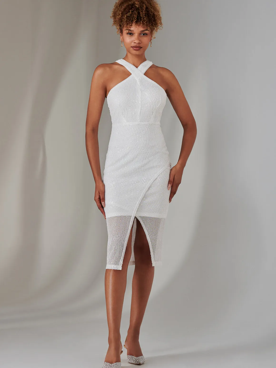 Cross Neck Slit Bodycon Dress, White