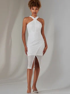 Cross Neck Slit Bodycon Dress, White