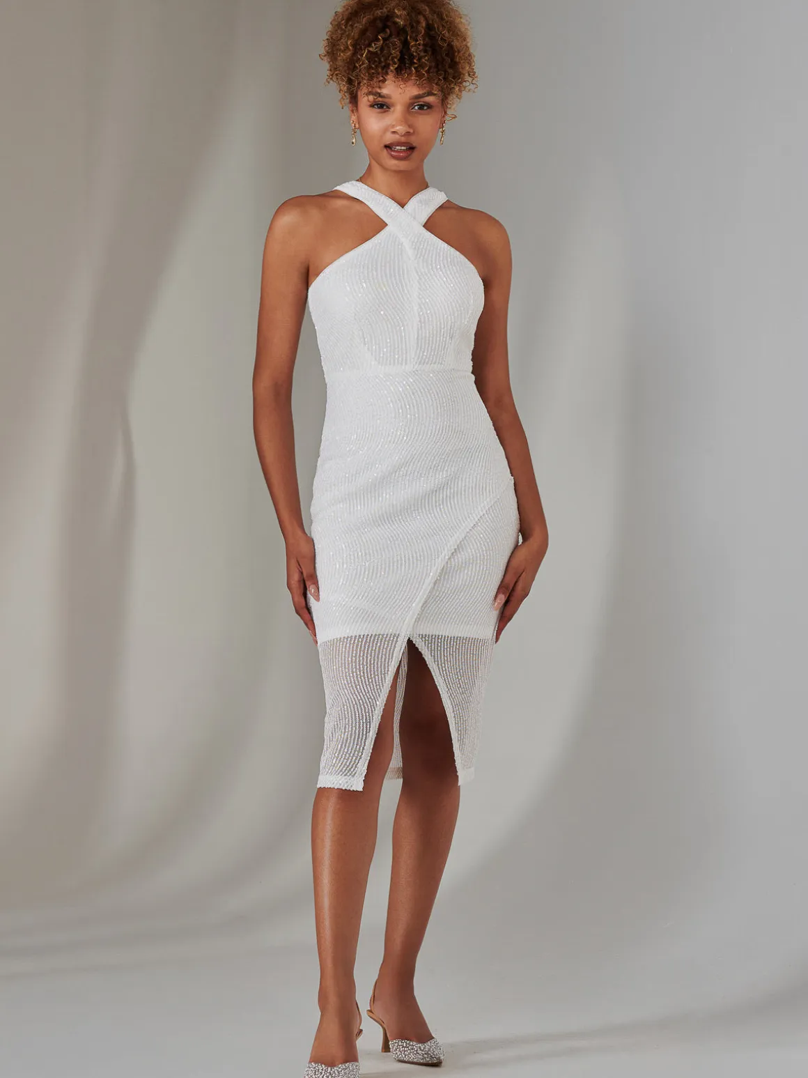 Cross Neck Slit Bodycon Dress, White