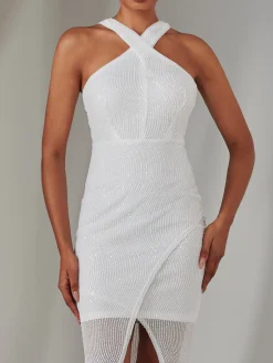 Cross Neck Slit Bodycon Dress, White