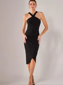 Cross Over Halter Neck Midi Dress, Black