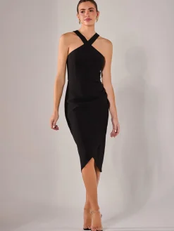 Cross Over Halter Neck Midi Dress, Black