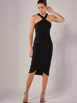 Cross Over Halter Neck Midi Dress, Black