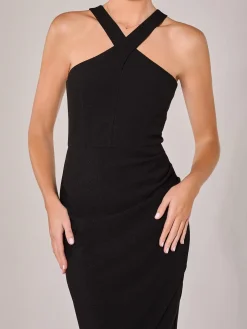 Cross Over Halter Neck Midi Dress, Black