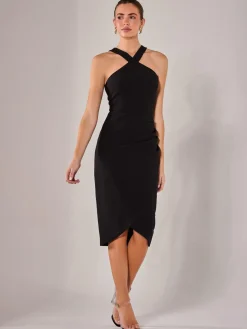 Cross Over Halter Neck Midi Dress, Black