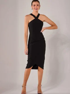 Cross Over Halter Neck Midi Dress, Black