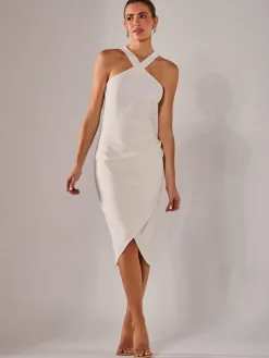 Cross Over Halter Neck Midi Dress, White