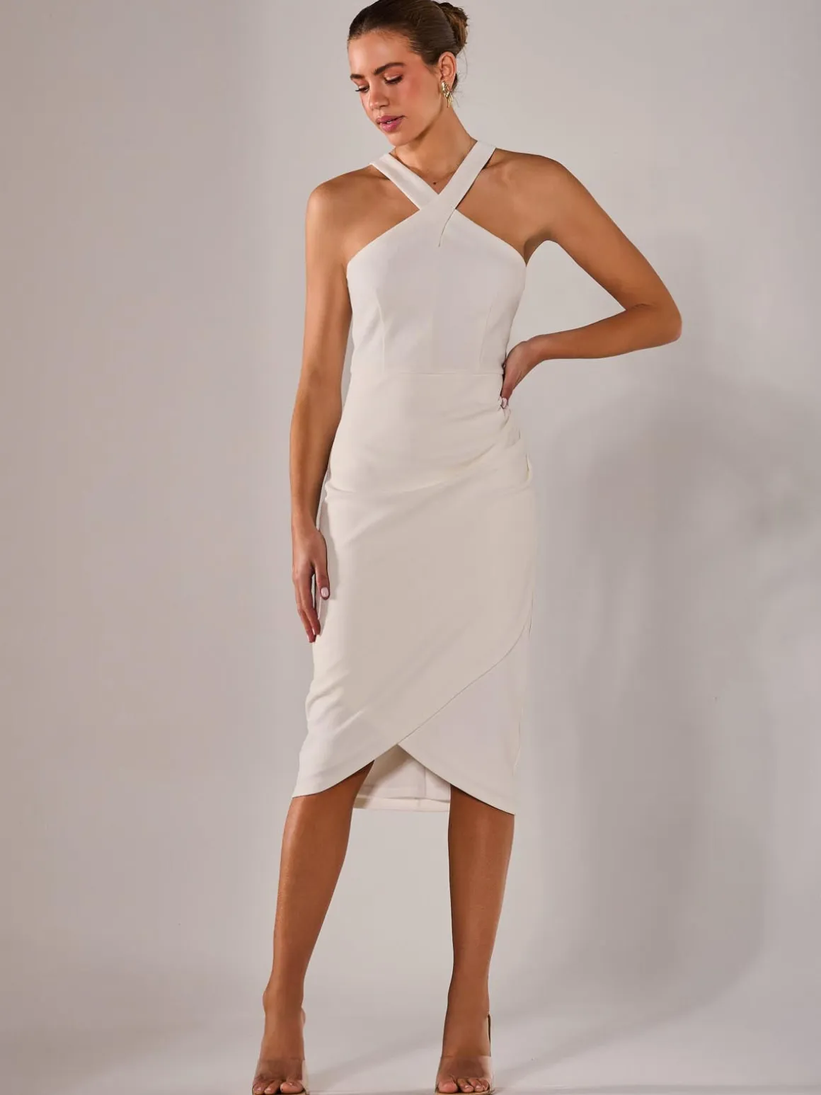 Cross Over Halter Neck Midi Dress, White