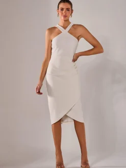 Cross Over Halter Neck Midi Dress, White