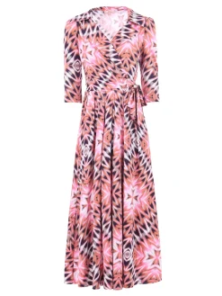 Cross Over Tie Waist Maxi Dress, Pink Multi