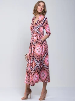 Cross Over Tie Waist Maxi Dress, Pink Multi