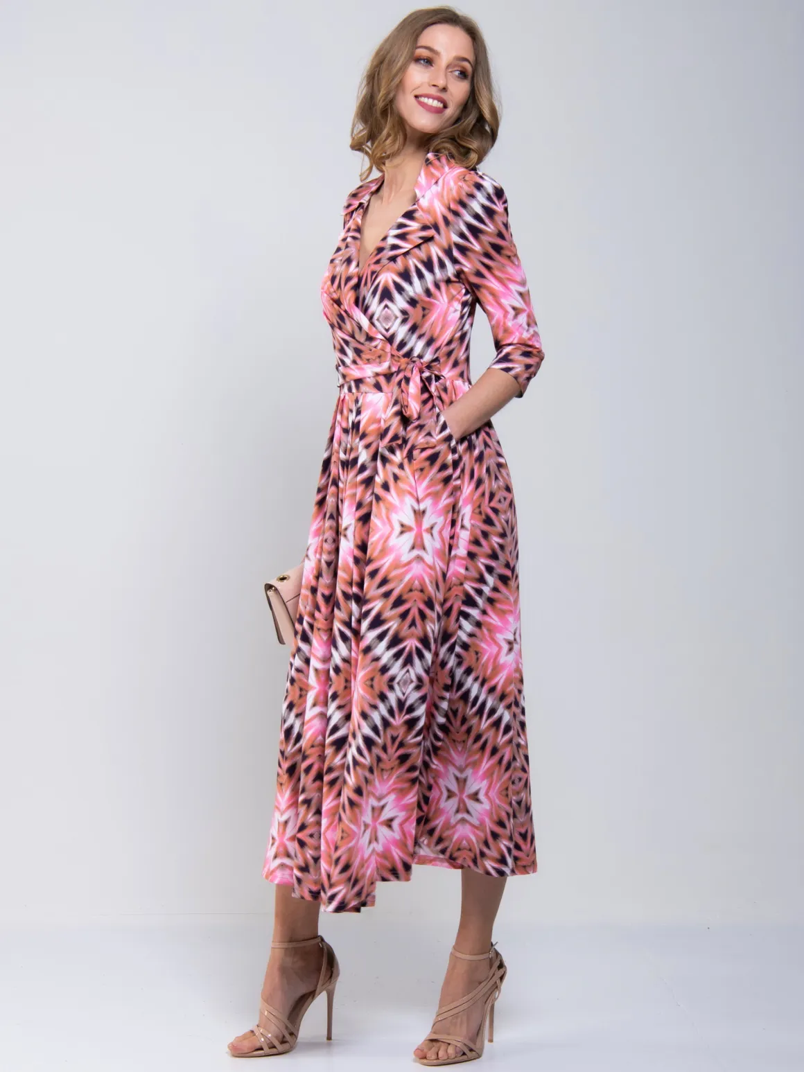 Cross Over Tie Waist Maxi Dress, Pink Multi