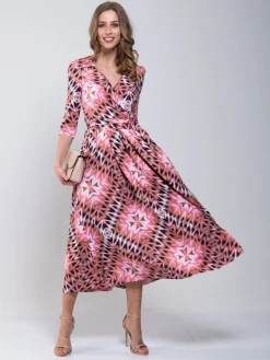 Cross Over Tie Waist Maxi Dress, Pink Multi