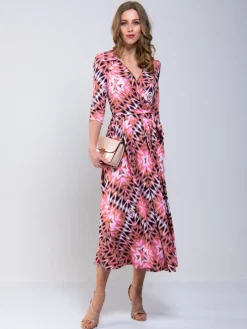 Cross Over Tie Waist Maxi Dress, Pink Multi