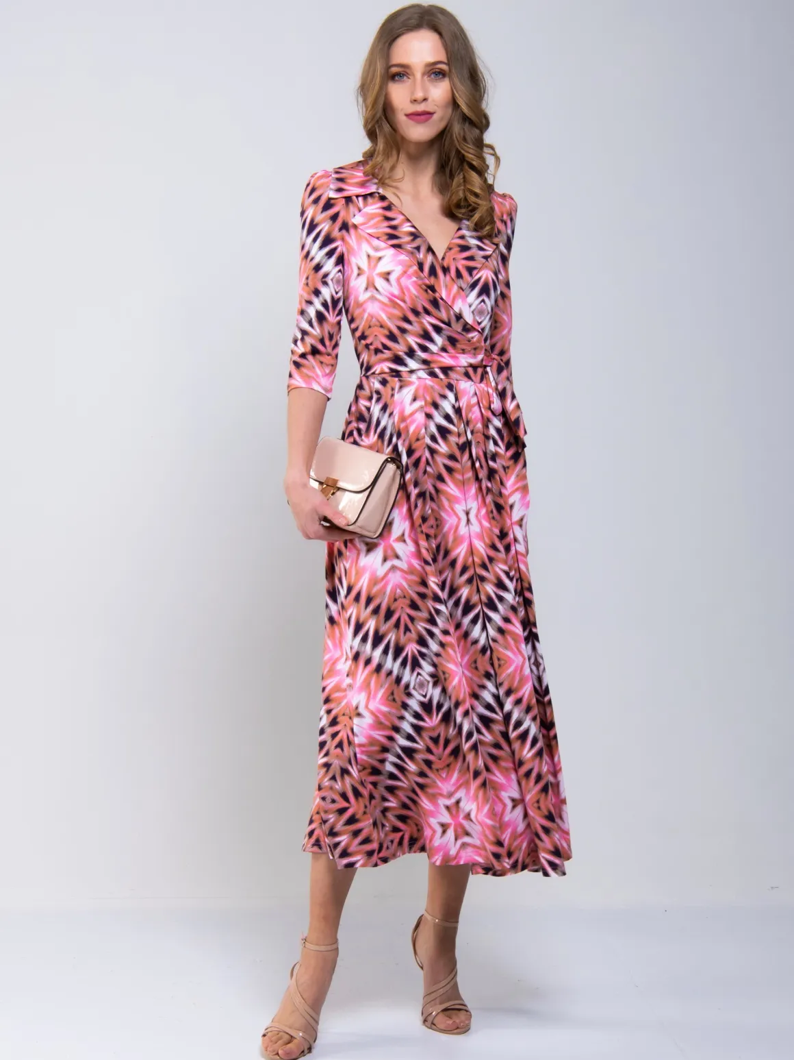 Cross Over Tie Waist Maxi Dress, Pink Multi