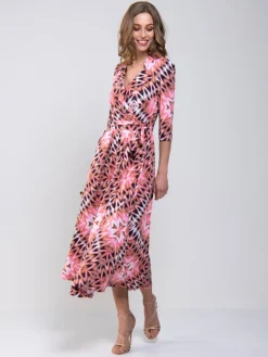 Cross Over Tie Waist Maxi Dress, Pink Multi