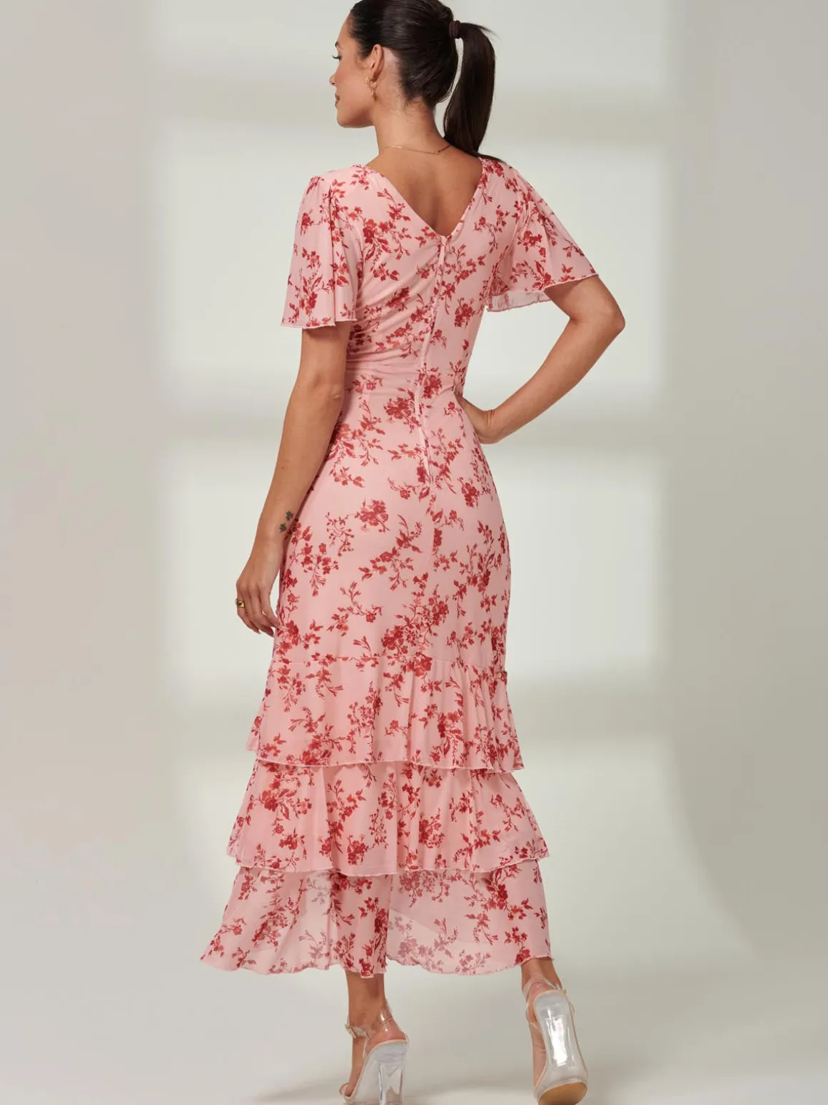 Daleysa Frill Hem Mesh Maxi Dress, Coral Pink