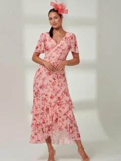Daleysa Frill Hem Mesh Maxi Dress, Coral Pink