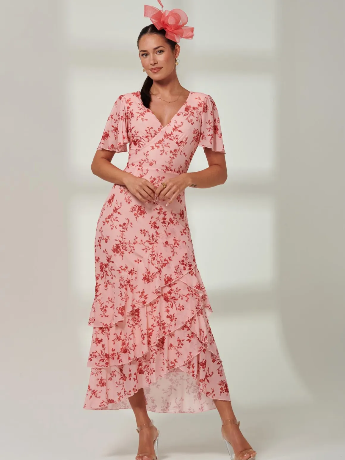 Daleysa Frill Hem Mesh Maxi Dress, Coral Pink