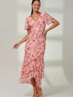 Daleysa Frill Hem Mesh Maxi Dress, Coral Pink