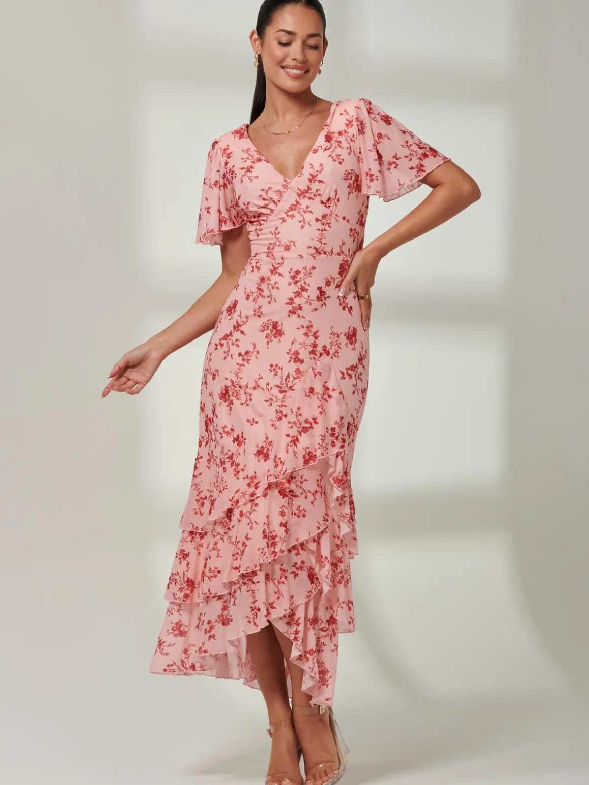 Daleysa Frill Hem Mesh Maxi Dress, Coral Pink