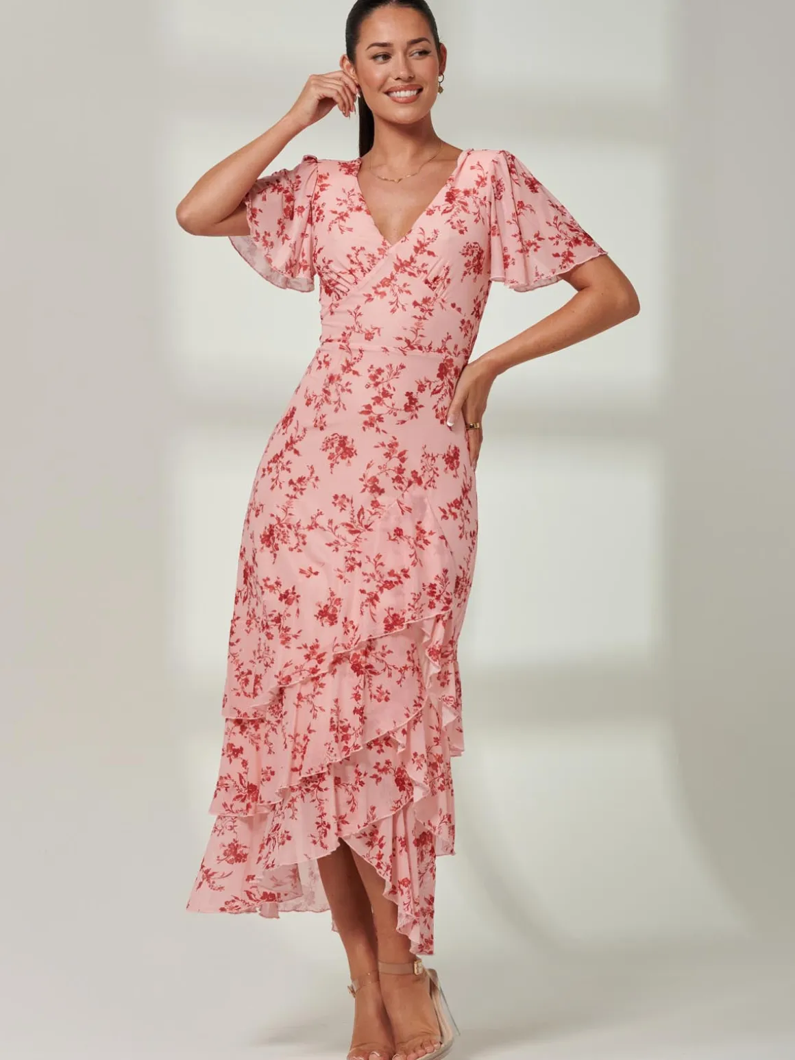 Daleysa Frill Hem Mesh Maxi Dress, Coral Pink