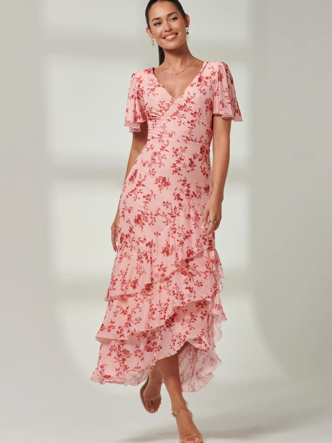 Daleysa Frill Hem Mesh Maxi Dress, Coral Pink