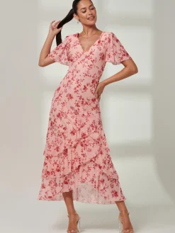 Daleysa Frill Hem Mesh Maxi Dress, Coral Pink