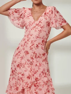 Daleysa Frill Hem Mesh Maxi Dress, Coral Pink