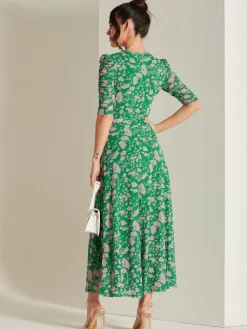 Daliyah Wrap Front Mesh Maxi Dress, Green Floral