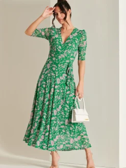 Daliyah Wrap Front Mesh Maxi Dress, Green Floral