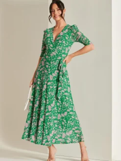 Daliyah Wrap Front Mesh Maxi Dress, Green Floral