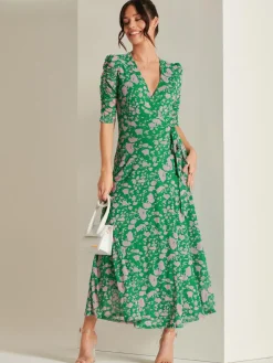 Daliyah Wrap Front Mesh Maxi Dress, Green Floral