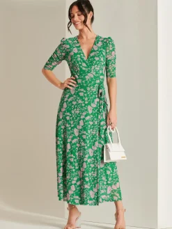 Daliyah Wrap Front Mesh Maxi Dress, Green Floral