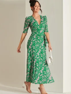 Daliyah Wrap Front Mesh Maxi Dress, Green Floral