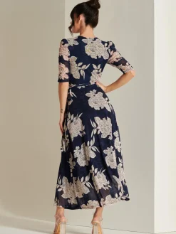 Daliyah Wrap Front Mesh Maxi Dress, Navy Floral