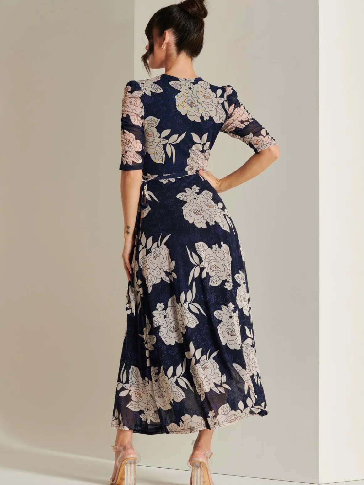 Daliyah Wrap Front Mesh Maxi Dress, Navy Floral