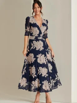 Daliyah Wrap Front Mesh Maxi Dress, Navy Floral
