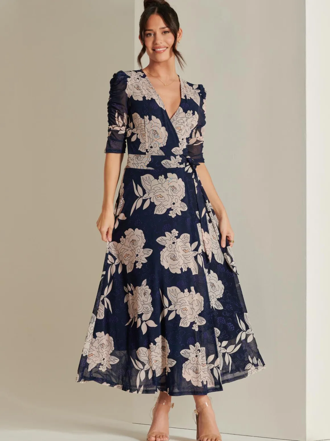 Daliyah Wrap Front Mesh Maxi Dress, Navy Floral
