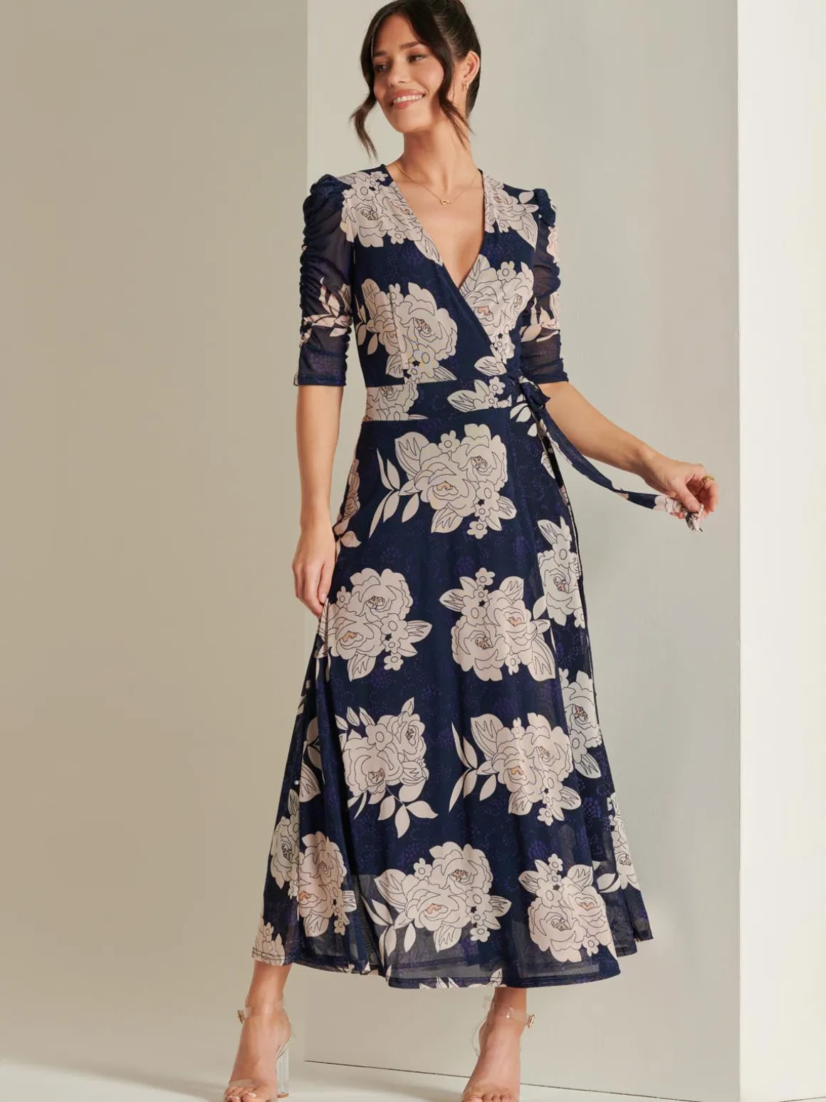 Daliyah Wrap Front Mesh Maxi Dress, Navy Floral