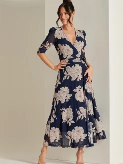 Daliyah Wrap Front Mesh Maxi Dress, Navy Floral