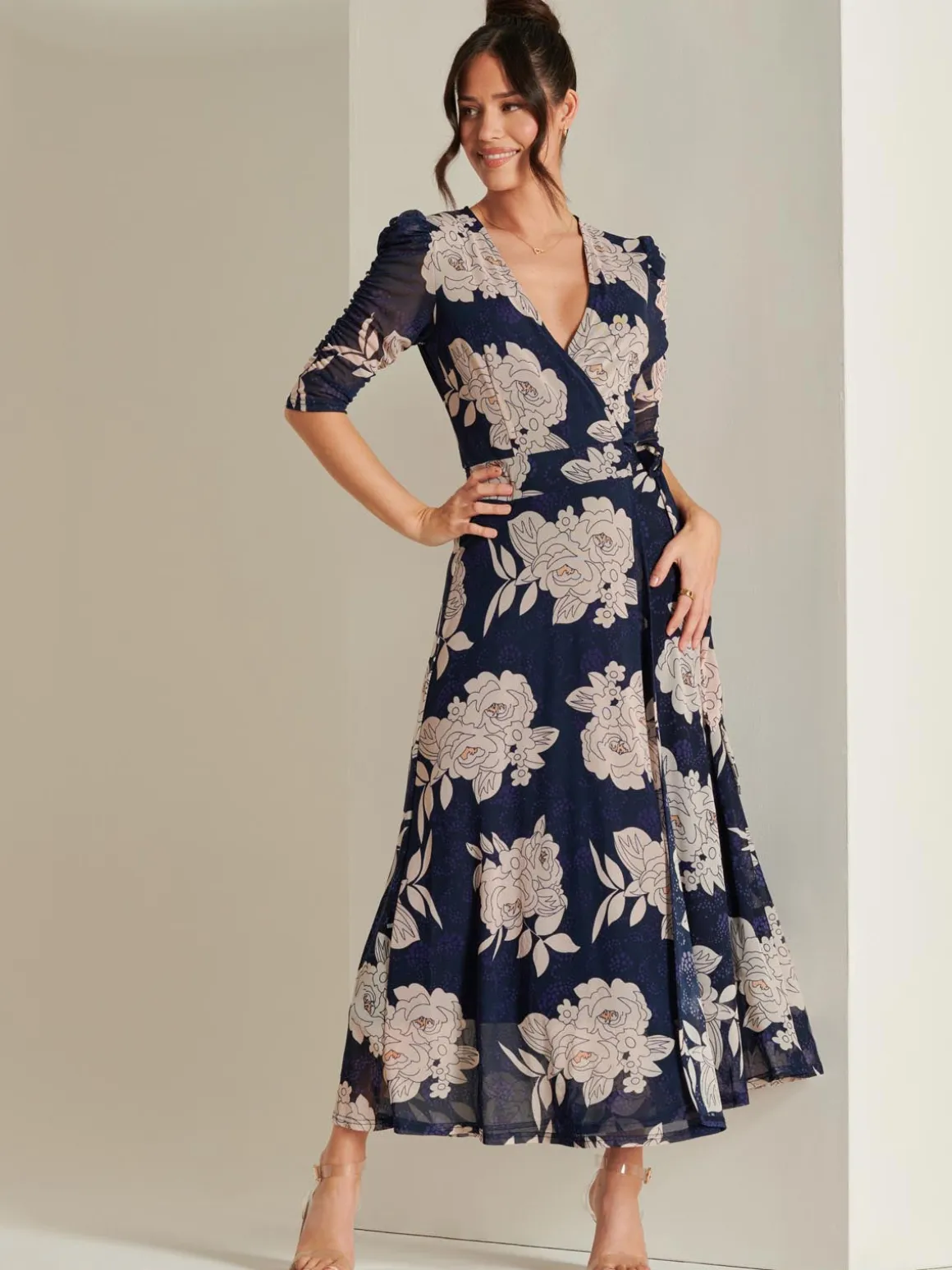 Daliyah Wrap Front Mesh Maxi Dress, Navy Floral