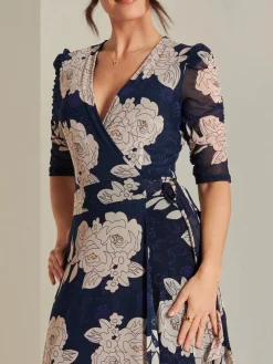 Daliyah Wrap Front Mesh Maxi Dress, Navy Floral