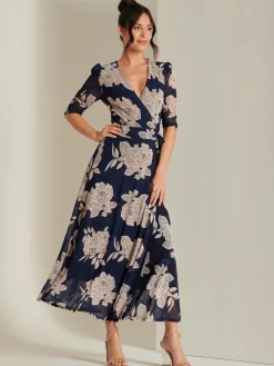 Daliyah Wrap Front Mesh Maxi Dress, Navy Floral