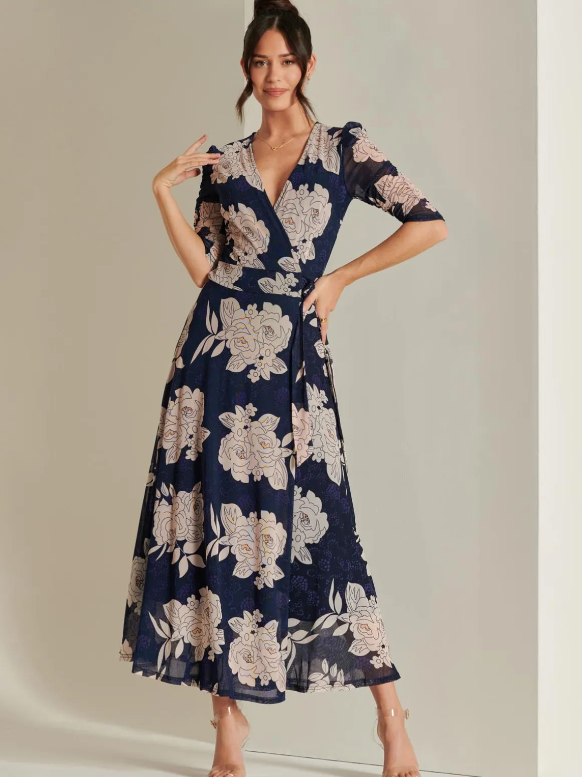 Daliyah Wrap Front Mesh Maxi Dress, Navy Floral