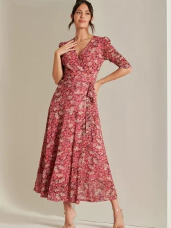 Daliyah Wrap Front Mesh Maxi Dress, Pink Multi