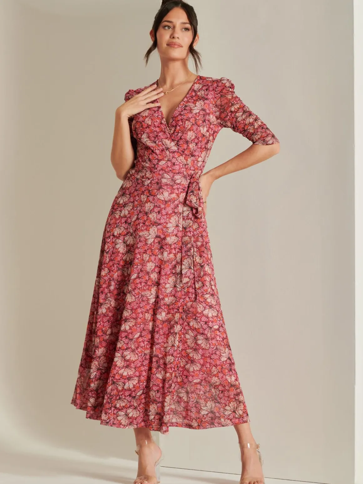 Daliyah Wrap Front Mesh Maxi Dress, Pink Multi