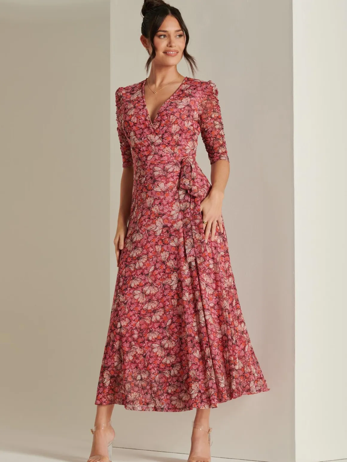 Daliyah Wrap Front Mesh Maxi Dress, Pink Multi