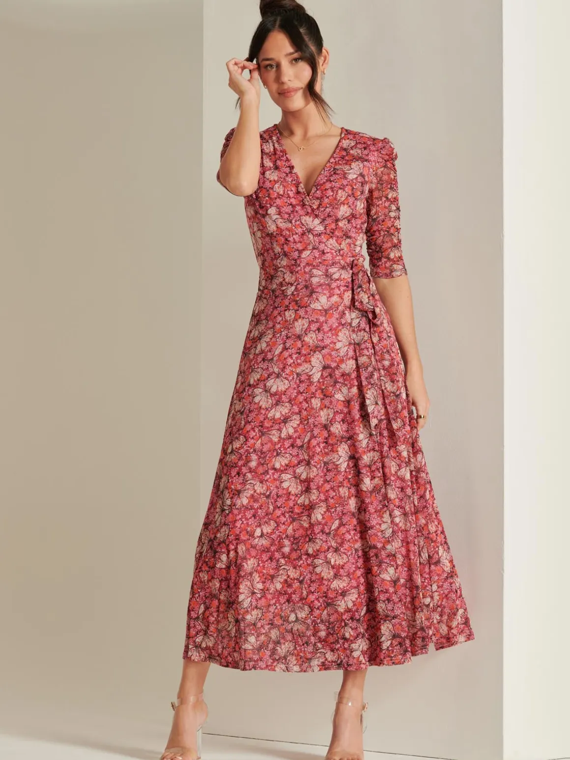 Daliyah Wrap Front Mesh Maxi Dress, Pink Multi